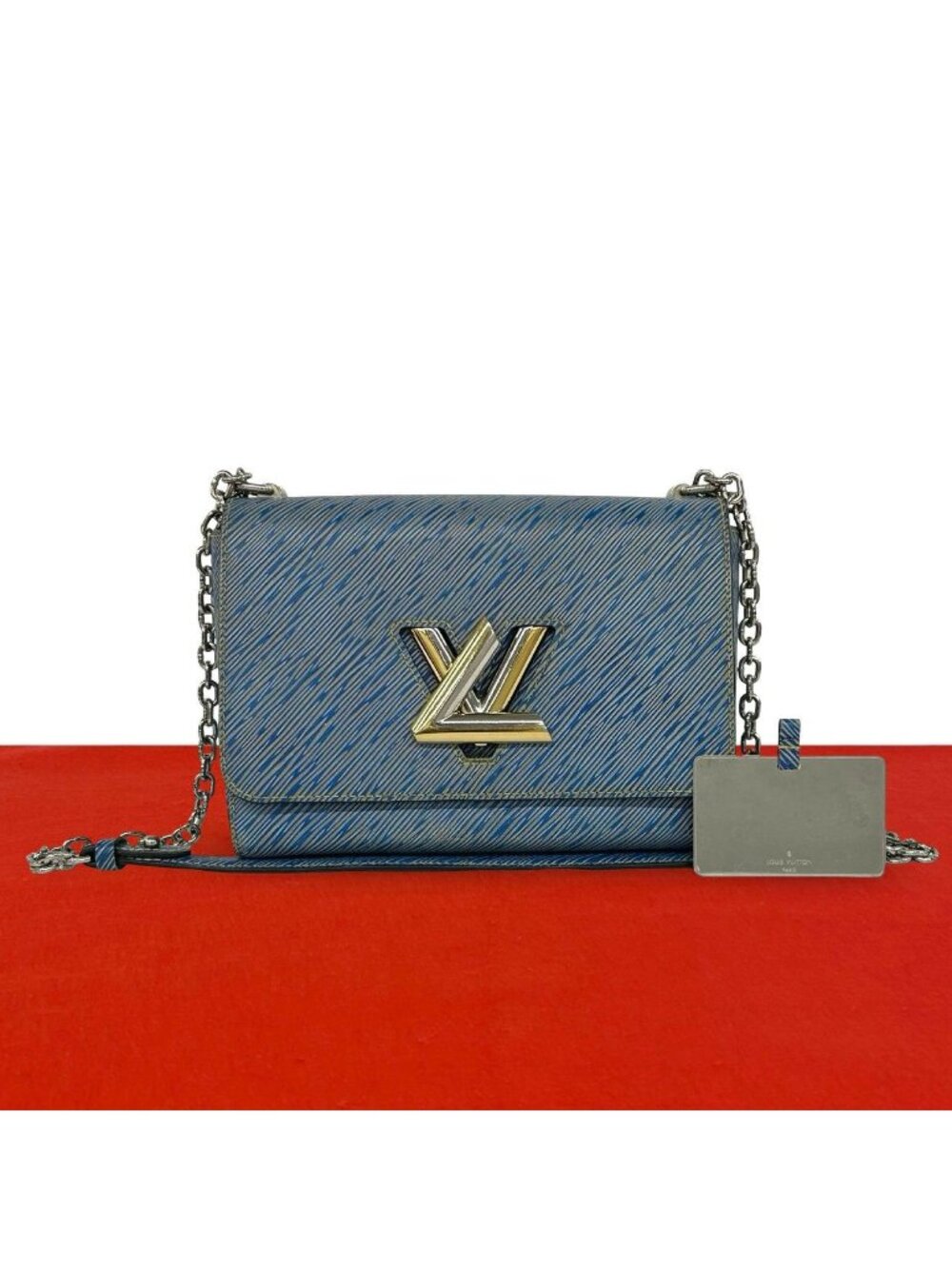 Louis Vuitton Twist MM Epi Denim Logo Leather Chain Shoulder Bag Pochette Blue